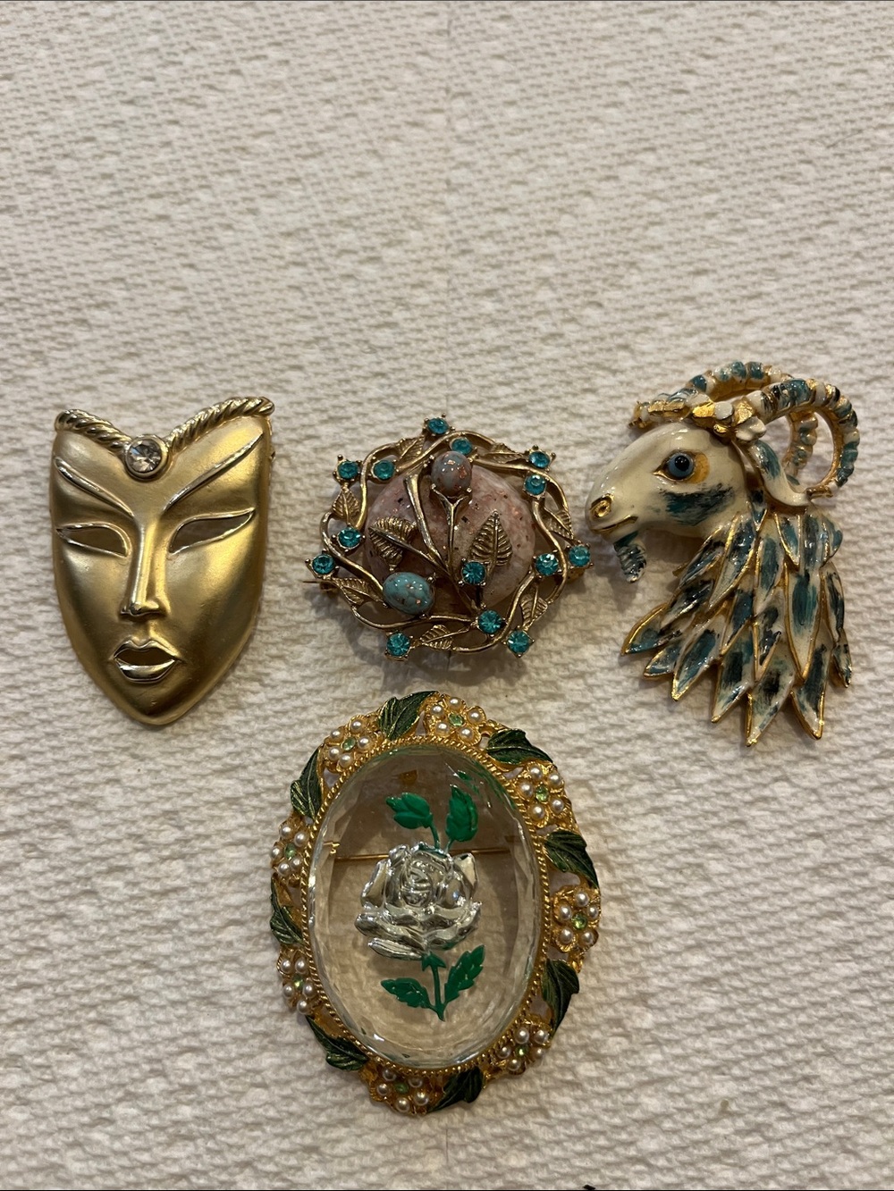 Vintage Gold-tone Decorative Brooch Lot with Enamel & rhinestones set of 4